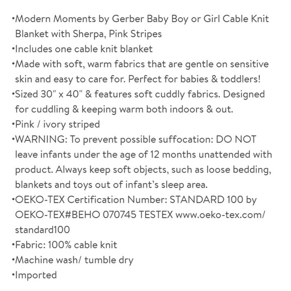 Modern Moments by Gerber Baby Boy or Girl Cable Knit Blanket with Sherpa, Pink - Picture 6 of 8